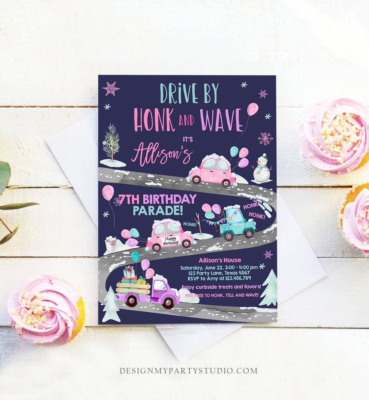 Editable Winter Drive By Birthday Invitation Parade Winter Onederland Virtual Party Invite Girl Pink Quarantine Download Digital Corjl 0333