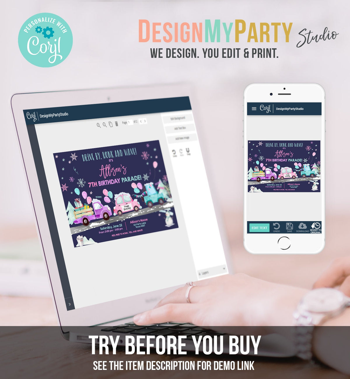 Editable Winter Drive By Birthday Invitation Parade Winter Onederland Virtual Party Invite Girl Pink Quarantine Download Digital Corjl 0333