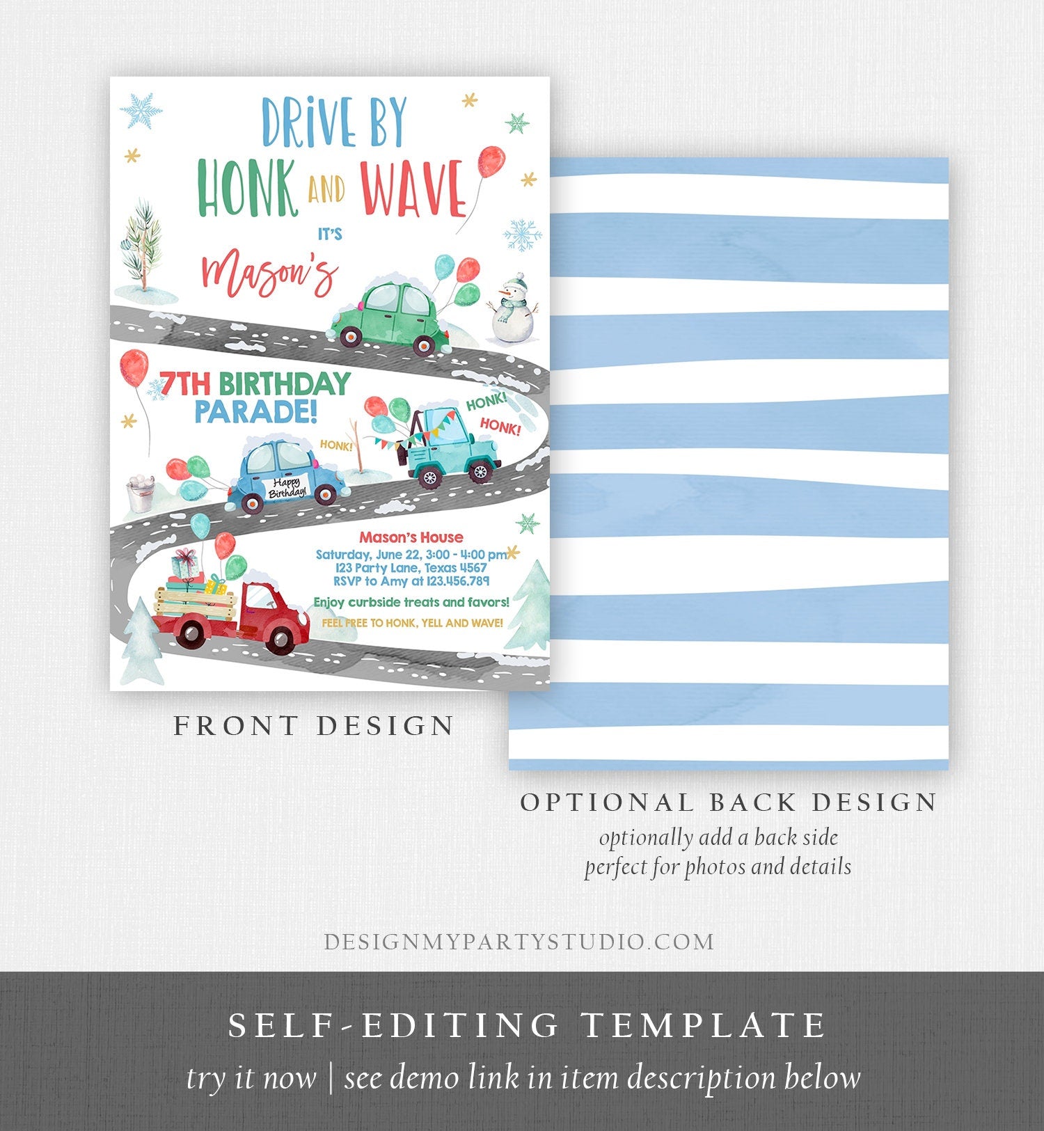 Editable Winter Drive By Birthday Invitation Parade Winter Onederland Virtual Party Invite Boy Blue Green Red Quarantine Download Corjl 0333