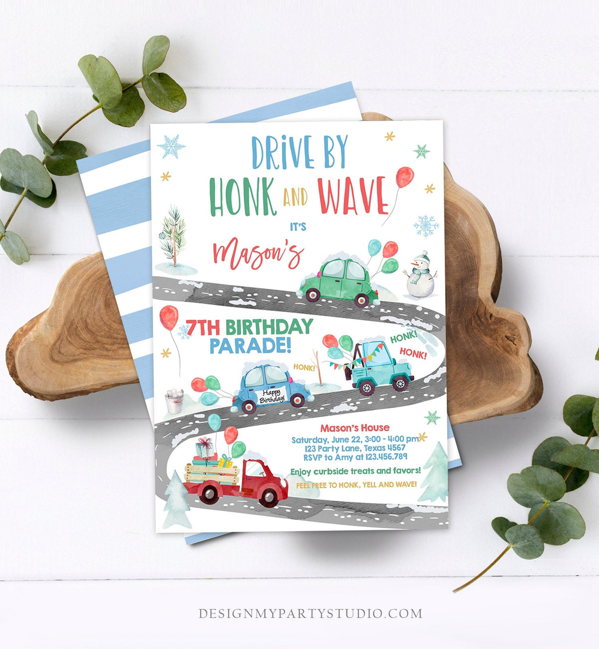 Editable Winter Drive By Birthday Invitation Parade Winter Onederland Virtual Party Invite Boy Blue Green Red Quarantine Download Corjl 0333