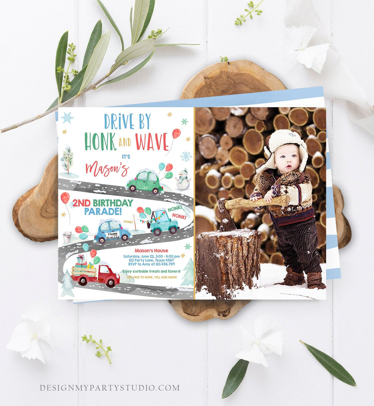 Editable Winter Drive By Birthday Invitation Parade Winter Onederland Virtual Party Invite Boy Blue Green Red Quarantine Download Corjl 0333