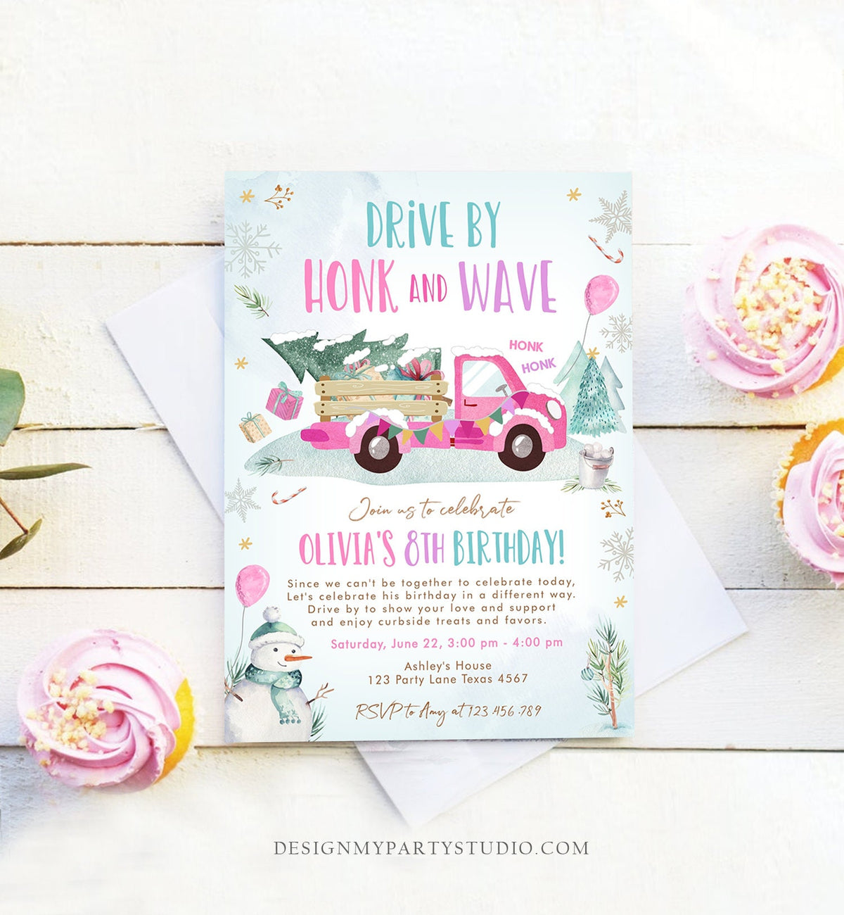 Editable Winter Drive By Birthday Invitation Parade Winter Onederland Virtual Party First 1st Girl Pink Truck Quarantine Download Corjl 0278