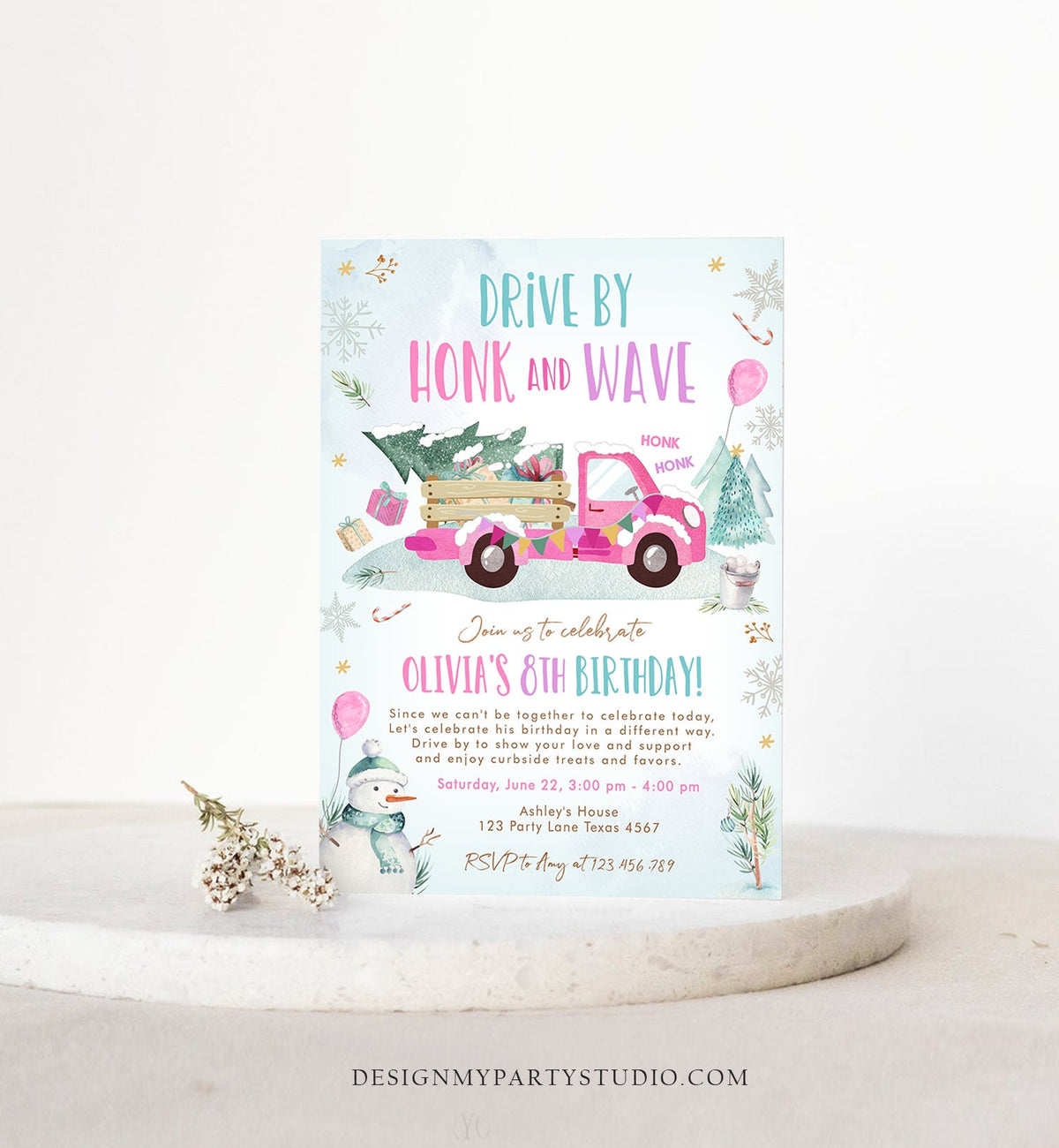 Editable Winter Drive By Birthday Invitation Parade Winter Onederland Virtual Party First 1st Girl Pink Truck Quarantine Download Corjl 0278