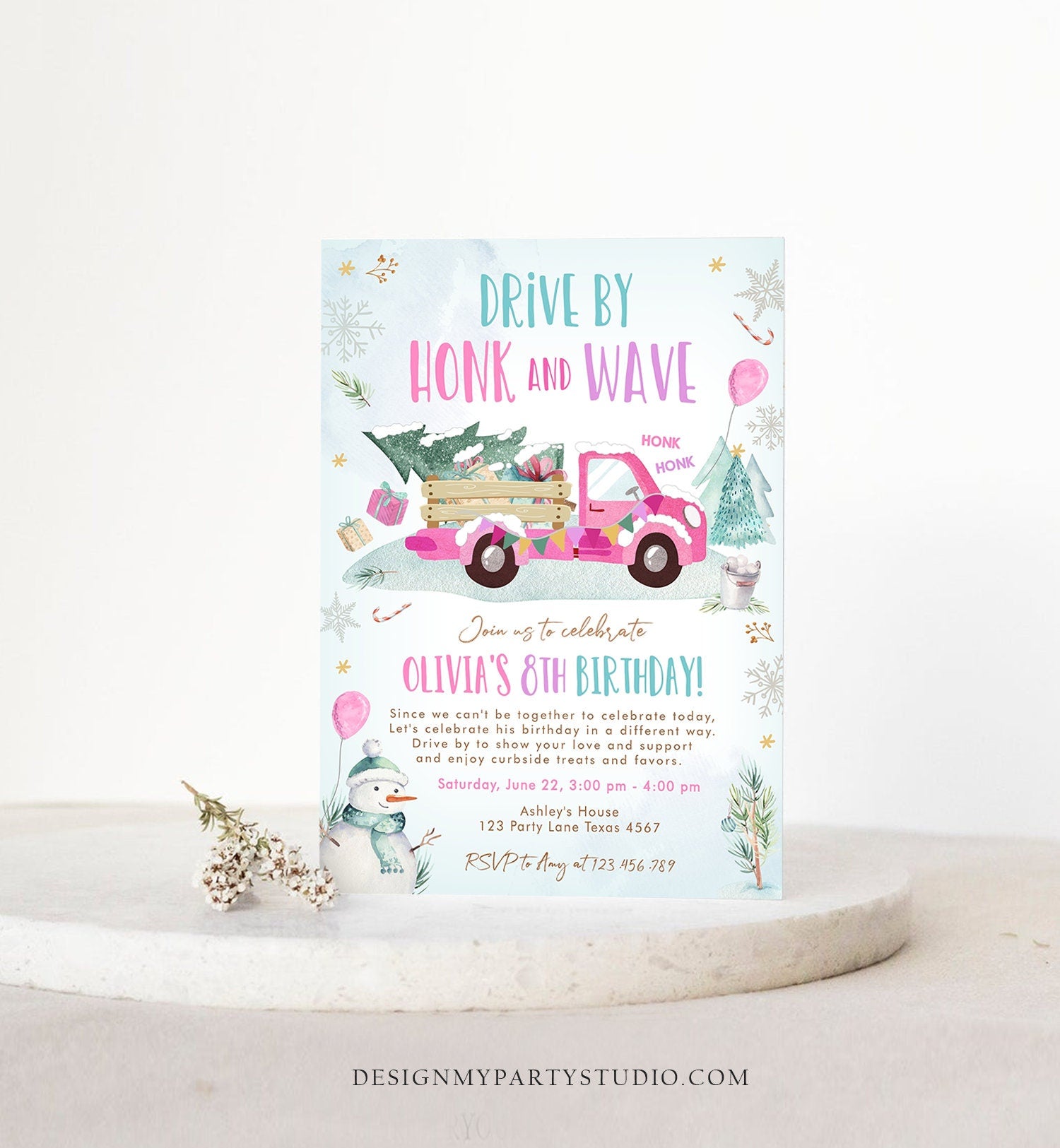 Editable Winter Drive By Birthday Invitation Parade Winter Onederland Virtual Party First 1st Girl Pink Truck Quarantine Download Corjl 0278