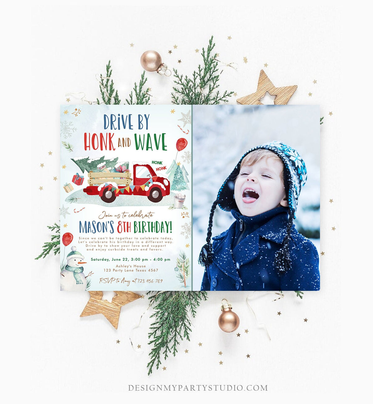 Editable Winter Drive By Birthday Invitation Parade Winter Onederland Virtual Party Invite Boy Red Truck Quarantine Download Corjl 0278