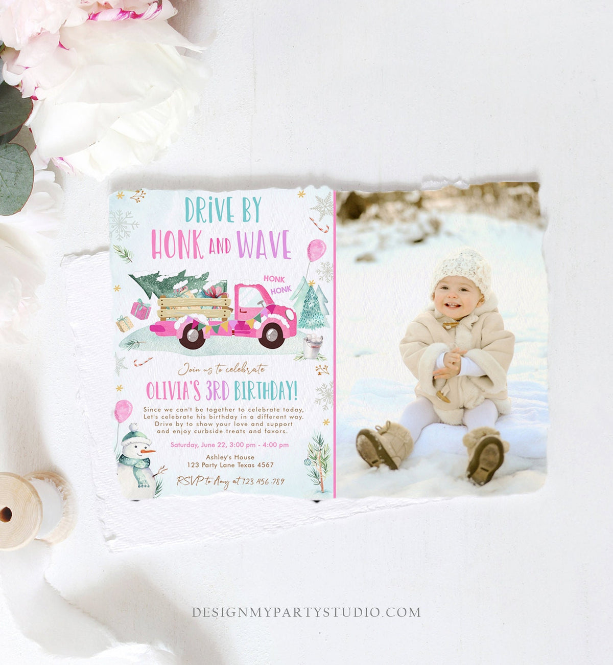 Editable Winter Drive By Birthday Invitation Parade Winter Onederland Virtual Party First 1st Girl Pink Truck Quarantine Download Corjl 0278