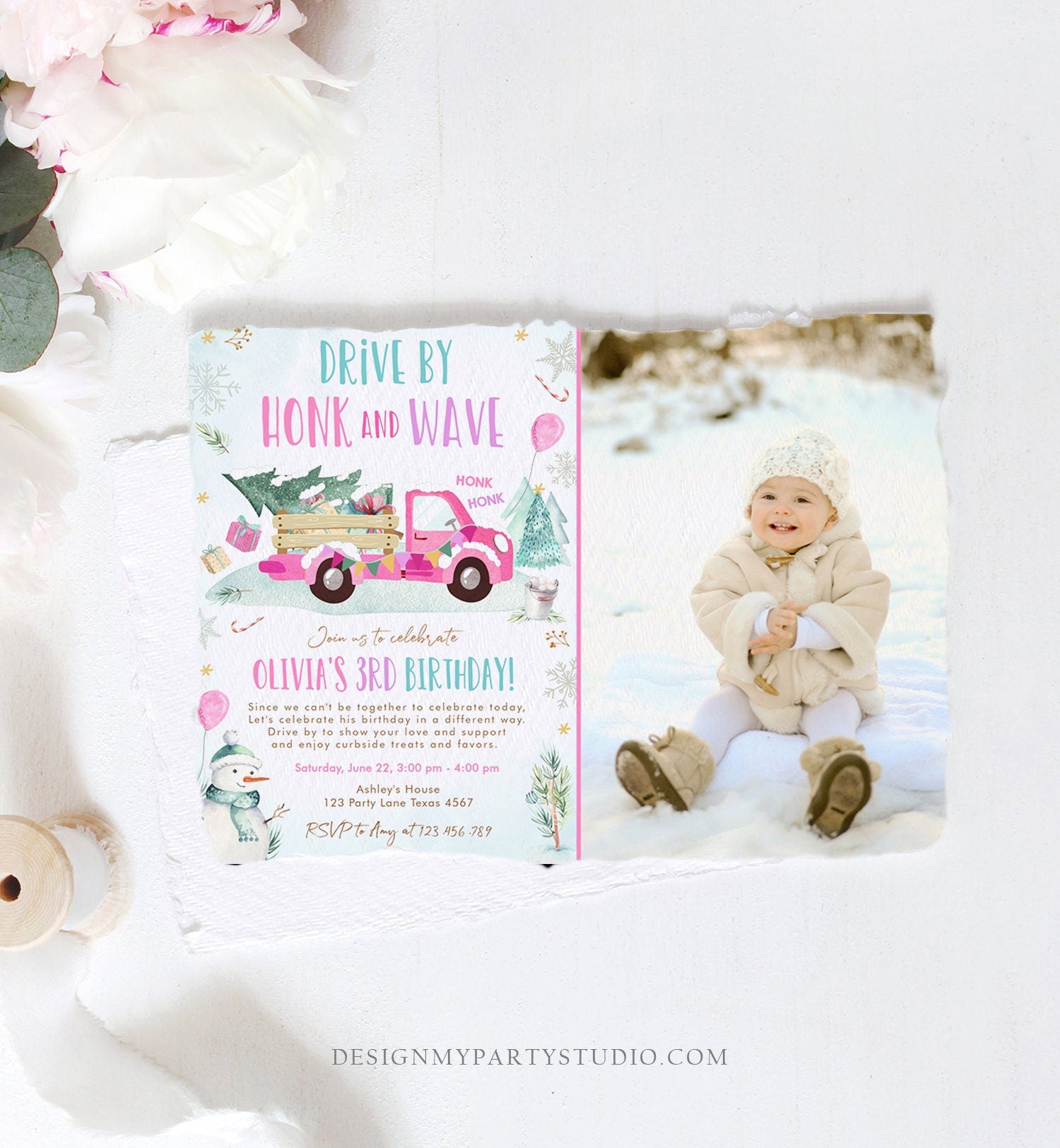 Editable Winter Drive By Birthday Invitation Parade Winter Onederland Virtual Party First 1st Girl Pink Truck Quarantine Download Corjl 0278