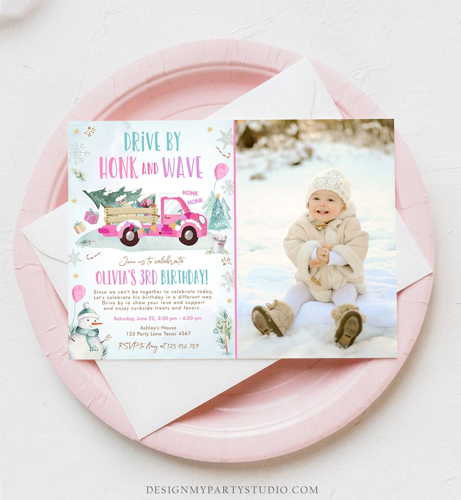 Editable Winter Drive By Birthday Invitation Parade Winter Onederland Virtual Party First 1st Girl Pink Truck Quarantine Download Corjl 0278