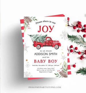 Editable Red Truck Baby Shower Invitation Winter Baby Shower Baby Boy Christmas Tree Truck Watercolor December Template Download Corjl 0356
