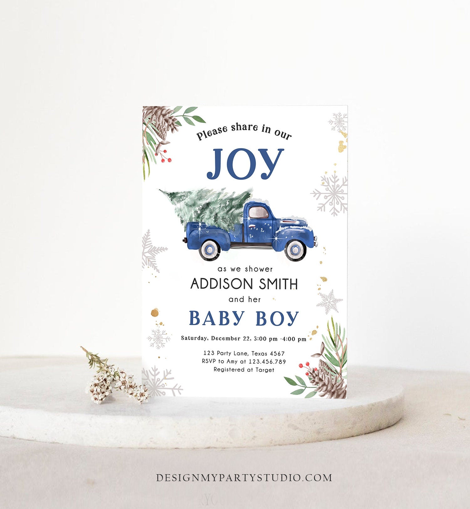 Editable Blue Truck Baby Shower Invitation Winter Baby Shower Baby Boy Christmas Tree Truck Watercolor December Template Download Corjl 0356