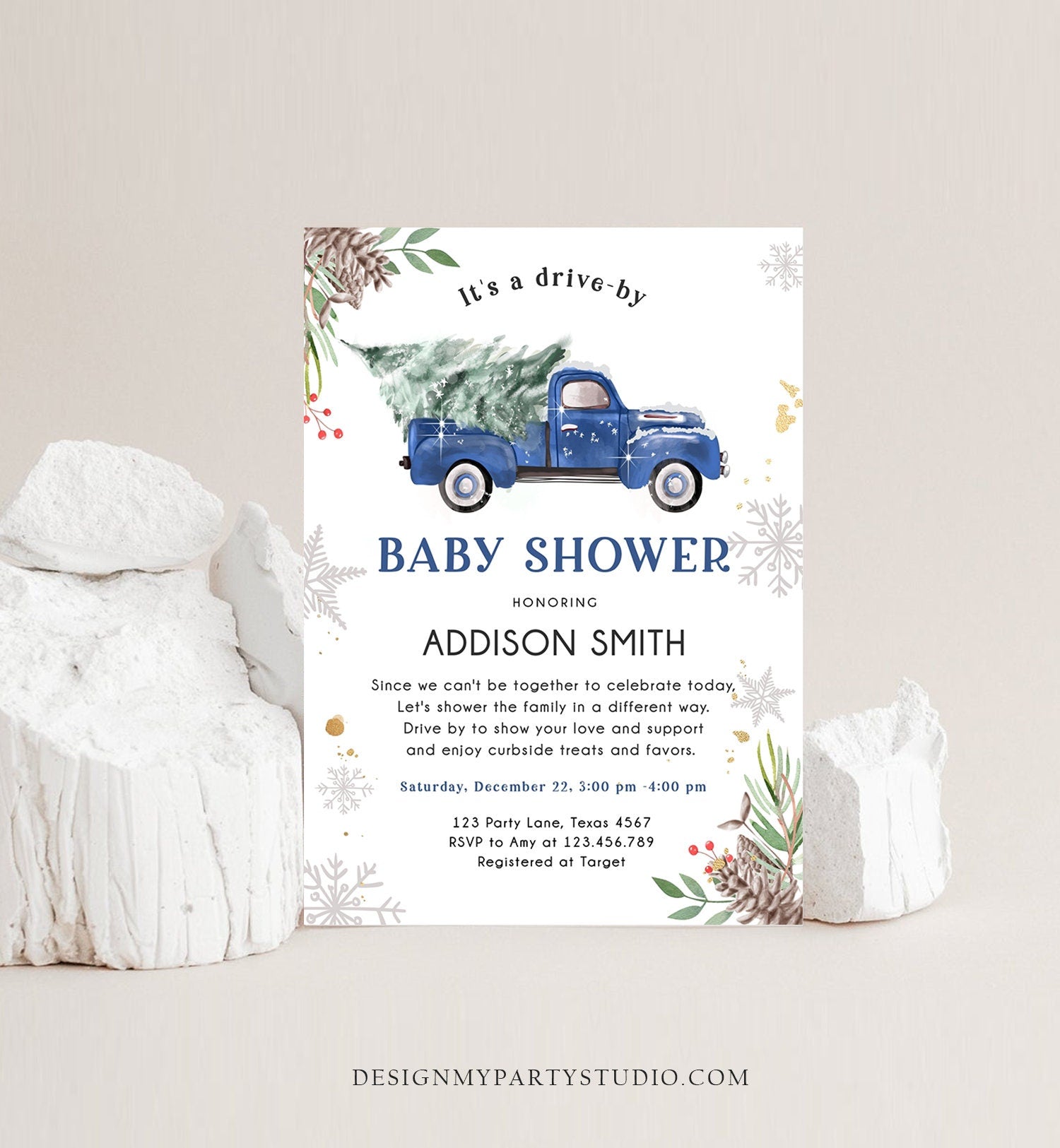 Editable Winter Drive By Baby Shower Invitation Blue Truck Boy Baby Shower Invite Quarantine Drive Through Tree Template Download Corjl 0356