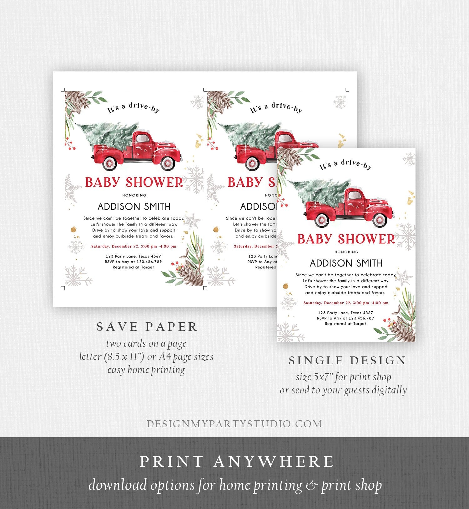 Editable Winter Drive By Baby Shower Invitation Red Truck Baby Shower Invite Gender Neutral Drive Through Tree Template Download Corjl 0356
