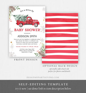 Editable Winter Drive By Baby Shower Invitation Red Truck Baby Shower Invite Gender Neutral Drive Through Tree Template Download Corjl 0356