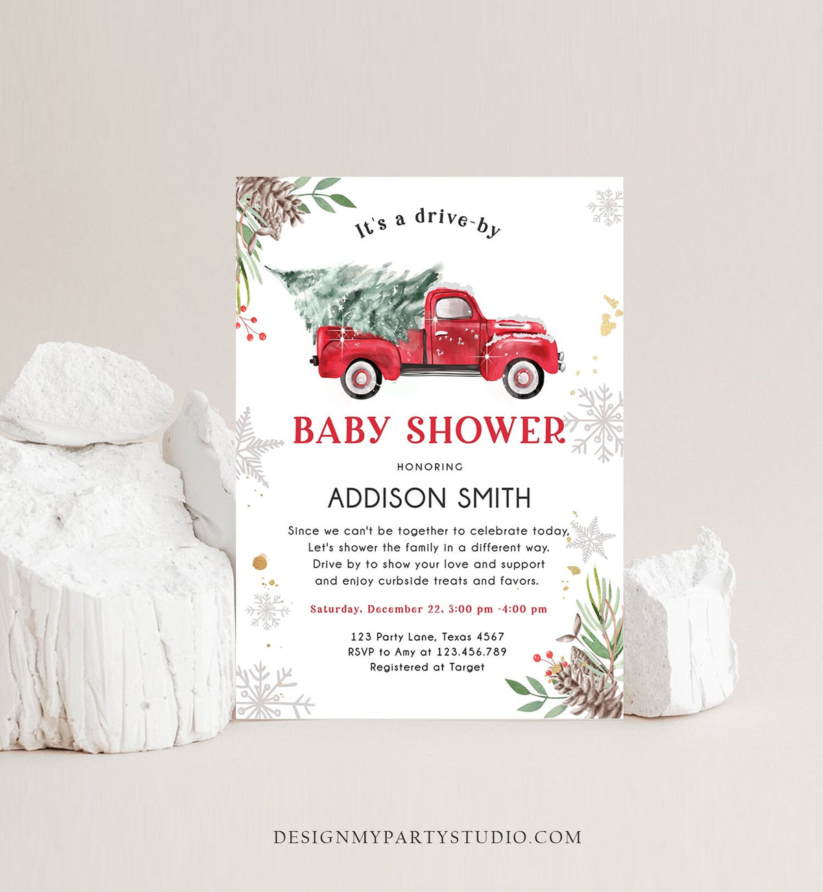 Editable Winter Drive By Baby Shower Invitation Red Truck Baby Shower Invite Gender Neutral Drive Through Tree Template Download Corjl 0356