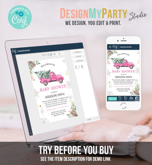 Editable Winter Drive By Baby Shower Invitation Pink Truck Girl Baby Shower Invite Drive Through Tree Printable Template Download Corjl 0356