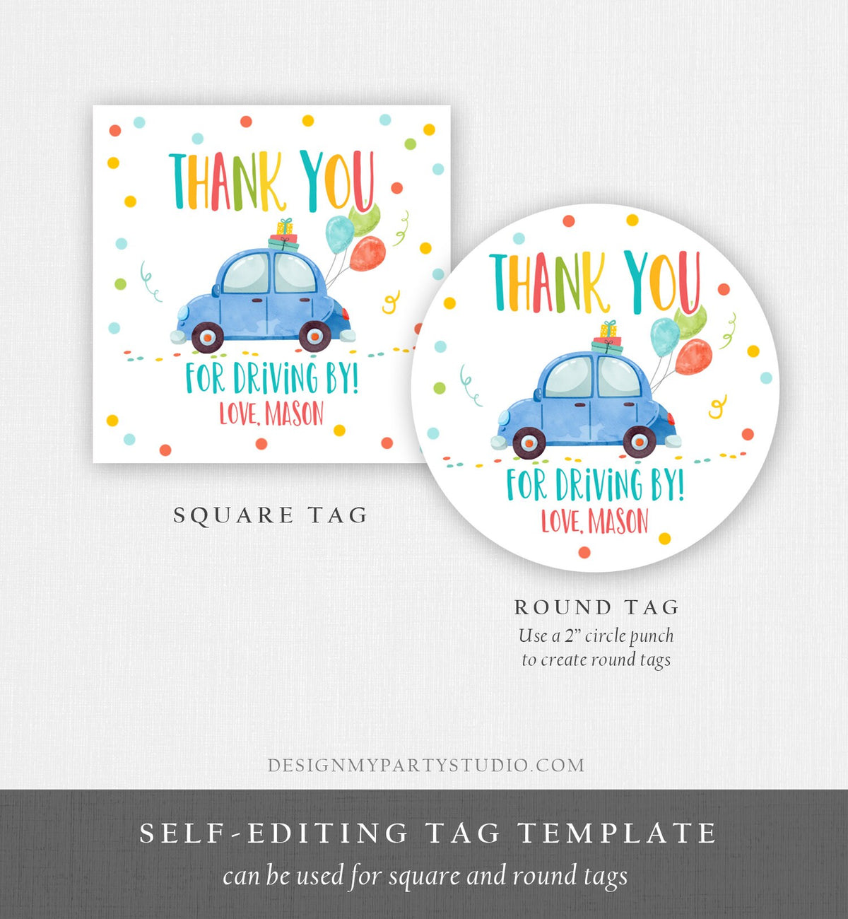 Editable Drive By Favor Tag Drive By Birthday Parade Thank You Gift Tags Quarantine Blue Car Boy Round Square Sticker Corjl Template 0333