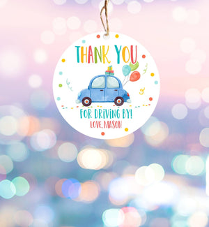 Editable Drive By Favor Tag Drive By Birthday Parade Thank You Gift Tags Quarantine Blue Car Boy Round Square Sticker Corjl Template 0333