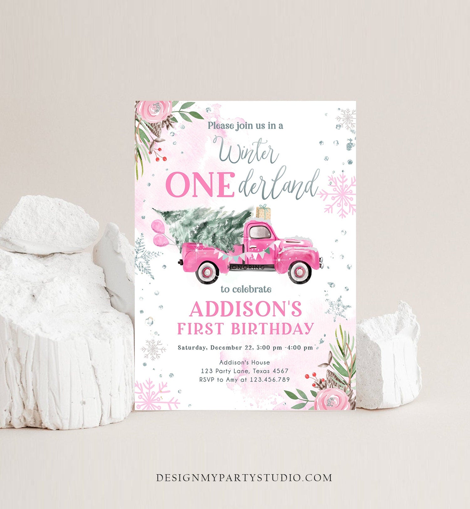 Editable Winter Onederland Winter 1st Birthday Invitation Winter Pink Silver Floral Truck Trees Girl First Printable Template DIY 0356