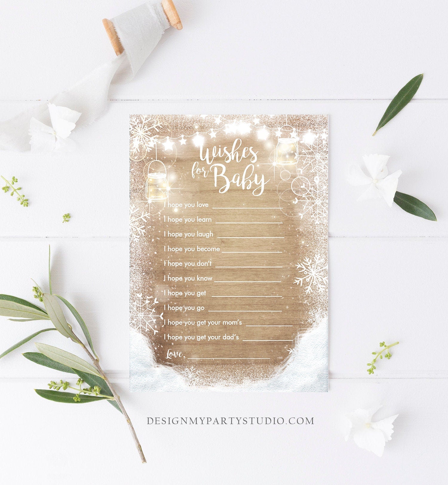Editable Wishes for Baby Game Cards Winter Baby Shower Game Baby Its Cold Outside Activity Snow Wood Printable Download Template Corjl 0031