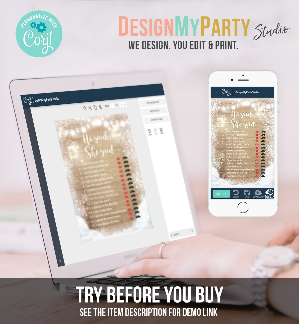 Editable He Said She Said Bridal Shower Game Winter Wedding Activity Baby Shower Its Cold Outside Rustic Wood Corjl Template Printable 0031