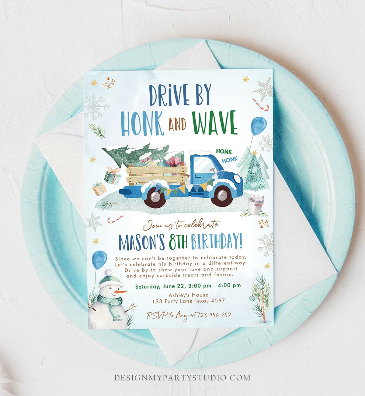Editable Winter Drive By Birthday Invitation Parade Winter Onederland Virtual Party Invite Boy Blue Truck Quarantine Download Corjl 0278