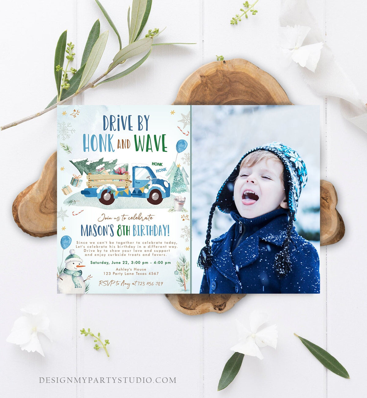 Editable Winter Drive By Birthday Invitation Parade Winter Onederland Virtual Party Invite Boy Blue Truck Quarantine Download Corjl 0278