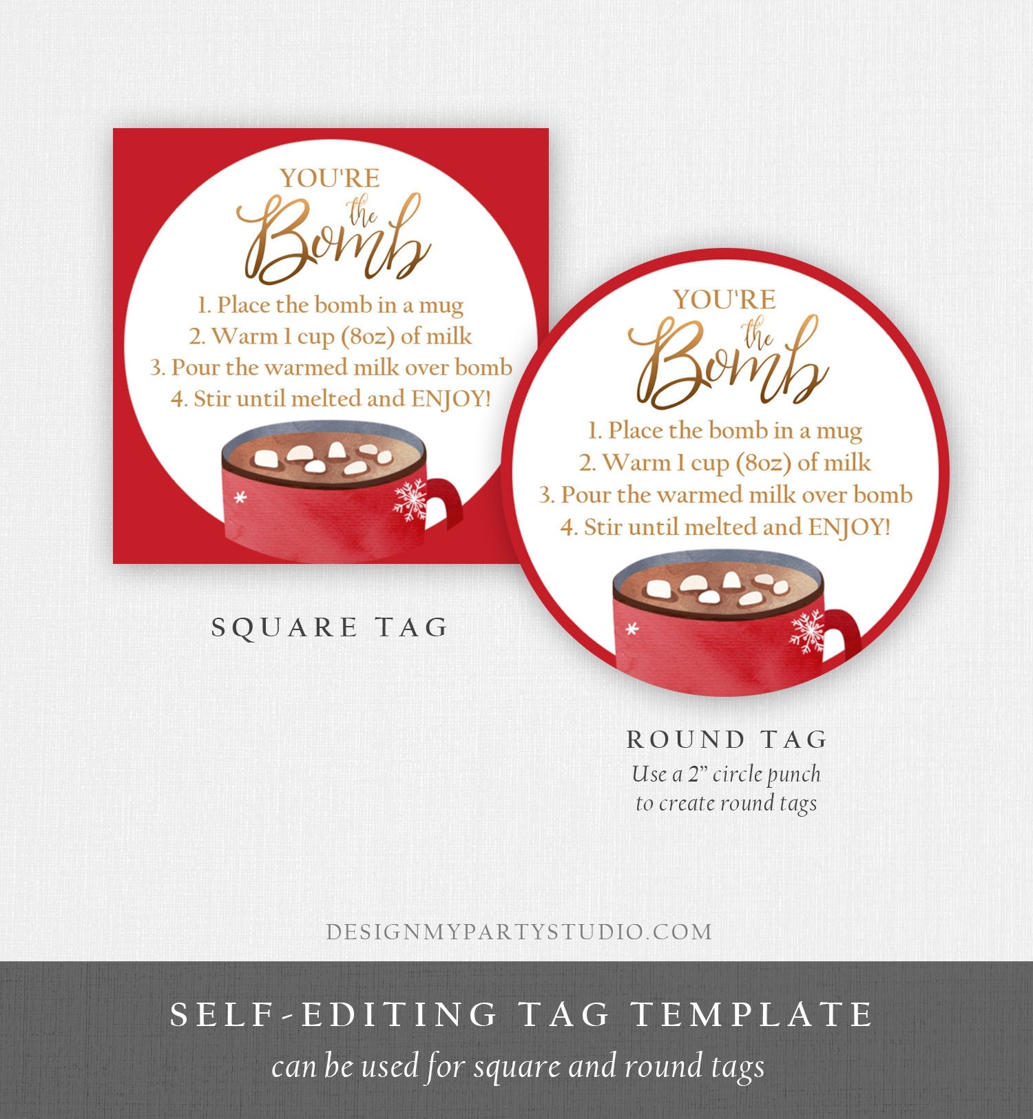 Editable Hot Chocolate Bomb Tags Bomb Instructions Cookies and Cocoa Favor Tags Winter Christmas You're The Bomb Digital PRINTABLE 0353