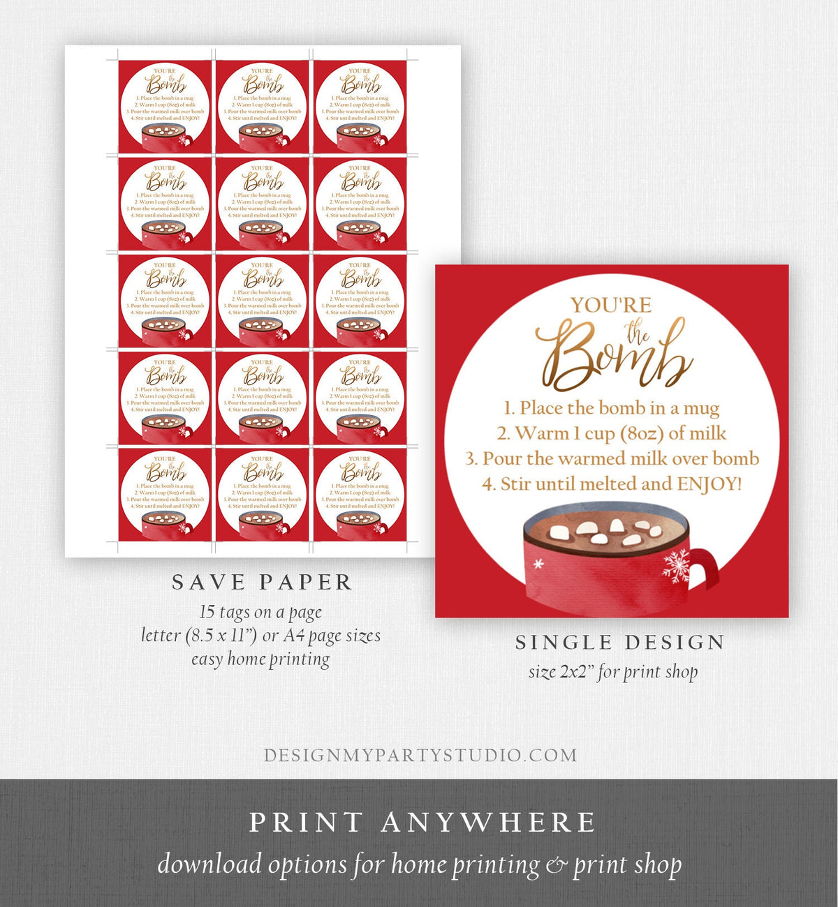 Editable Hot Chocolate Bomb Tags Bomb Instructions Cookies and Cocoa Favor Tags Winter Christmas You&#39;re The Bomb Digital PRINTABLE 0353