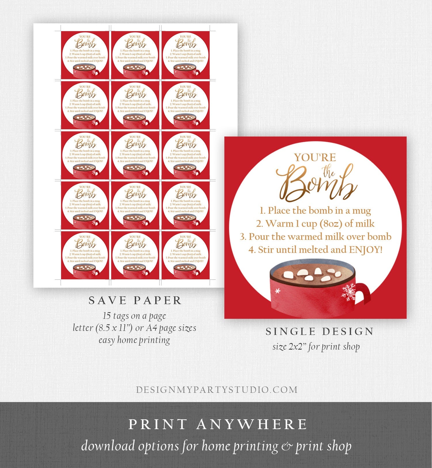 Editable Hot Chocolate Bomb Tags Bomb Instructions Cookies and Cocoa Favor Tags Winter Christmas You're The Bomb Digital PRINTABLE 0353