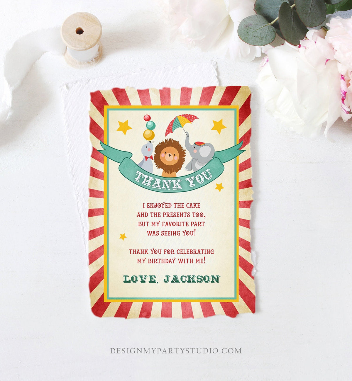 Editable Circus Carnival Thank You Card Vintage Festival Circus Big Fair Red Boy Girl Instant Download Printable Template Corjl Digital 0013