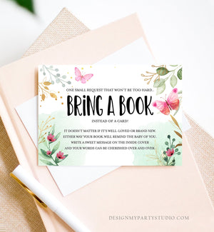 Editable Butterfly Bring a Book Card Pink Gold Greenery Garden Tea Party Gender Neutral Books for Baby Insert Template Download Corjl 0170
