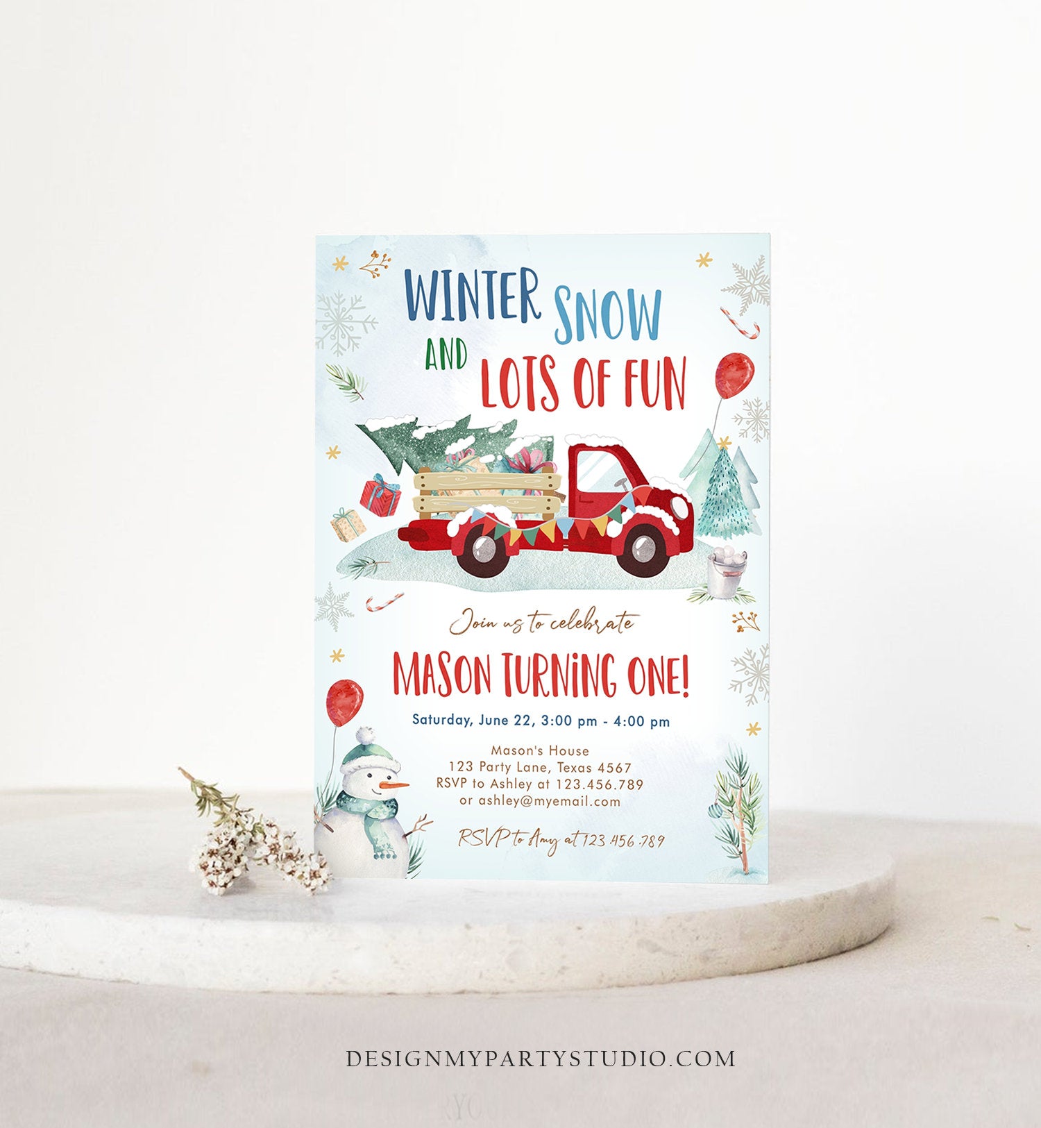 Editable Winter Truck Birthday Invitation Oh What Fun First Birthday One Red Truck Drive By Through Download Corjl Template Printable 0278
