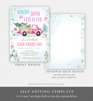 Editable Winter Truck Birthday Invitation Oh What Fun First Birthday One Pink Truck Drive By Through Download Corjl Template Printable 0278