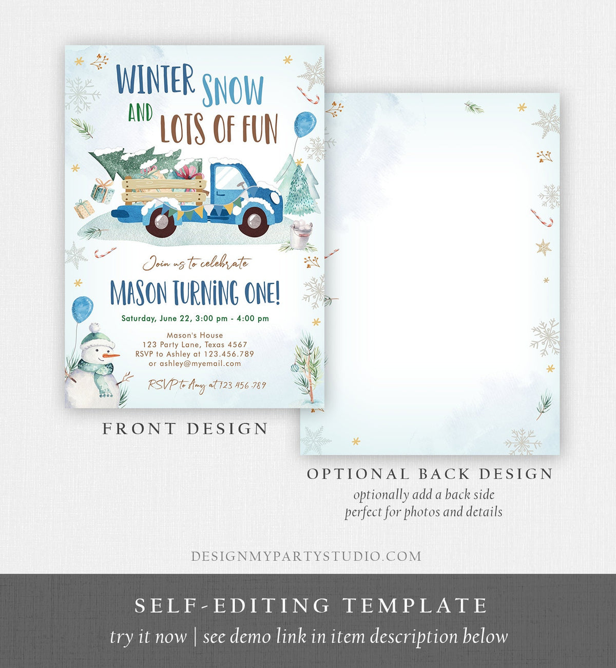 Editable Winter Truck Birthday Invitation Oh What Fun First Birthday One Blue Truck Drive By Through Download Corjl Template Printable 0278