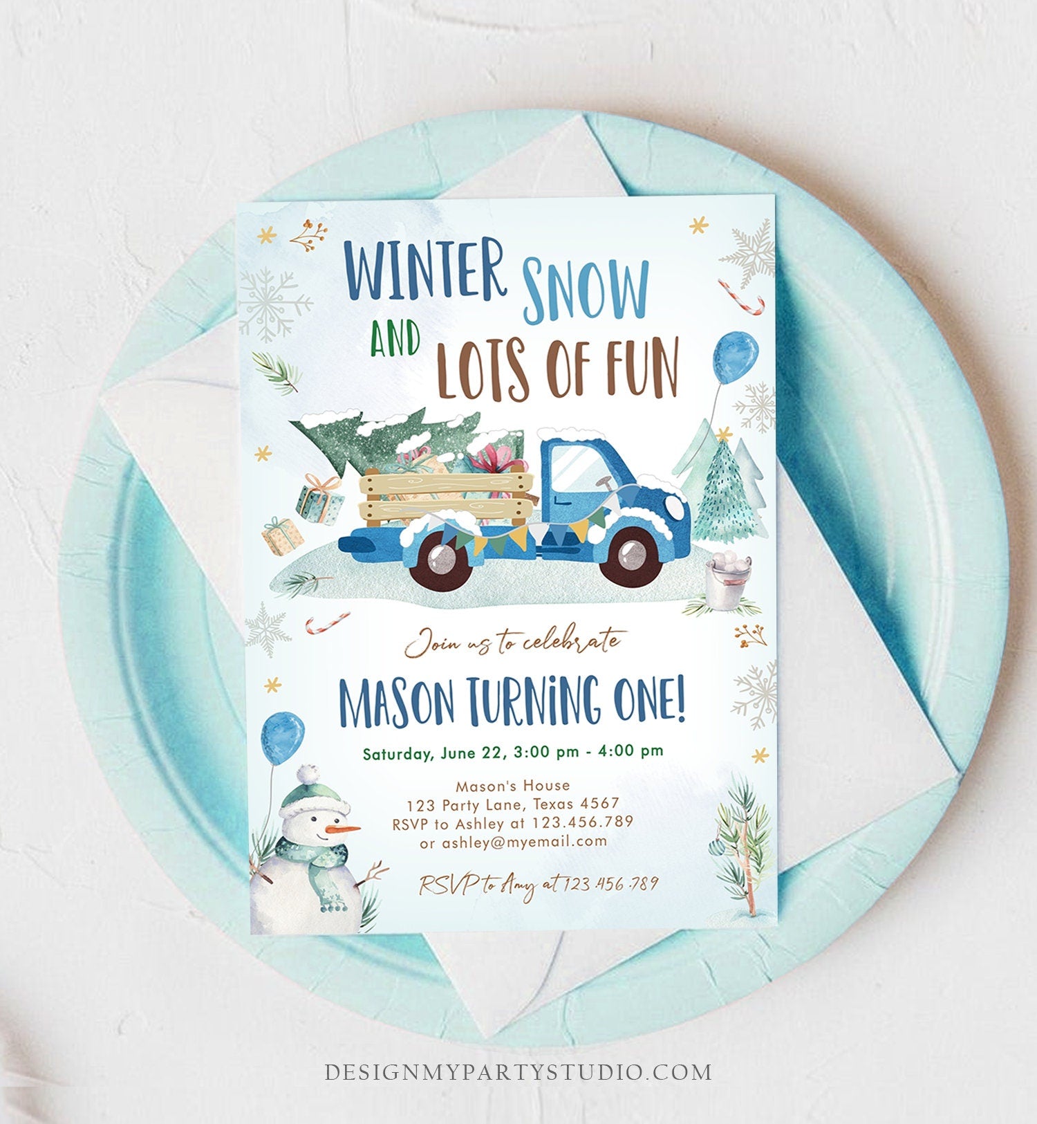 Editable Winter Truck Birthday Invitation Oh What Fun First Birthday One Blue Truck Drive By Through Download Corjl Template Printable 0278