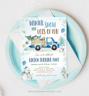 Editable Winter Truck Birthday Invitation Oh What Fun First Birthday One Blue Truck Drive By Through Download Corjl Template Printable 0278