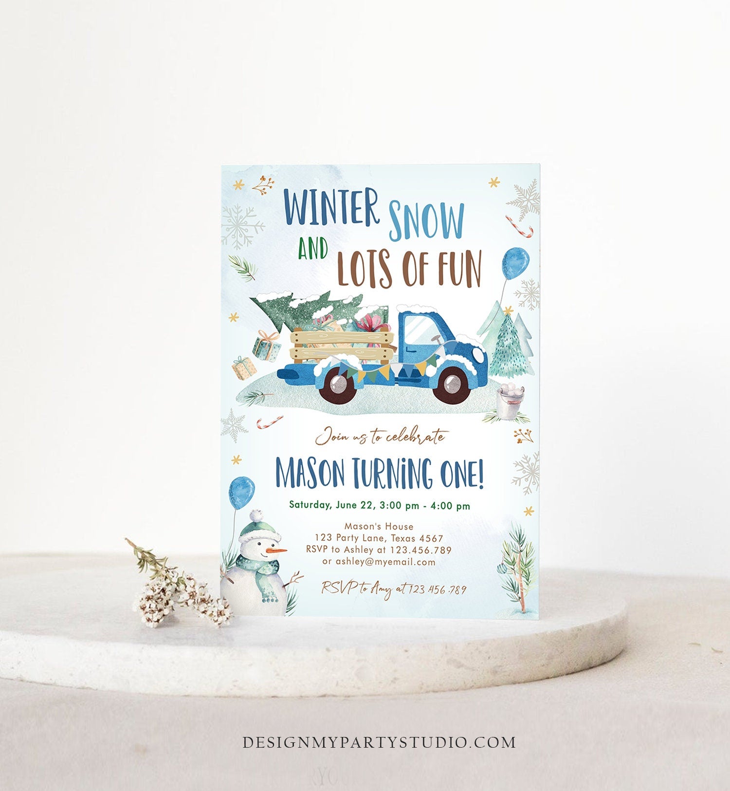 Editable Winter Truck Birthday Invitation Oh What Fun First Birthday One Blue Truck Drive By Through Download Corjl Template Printable 0278