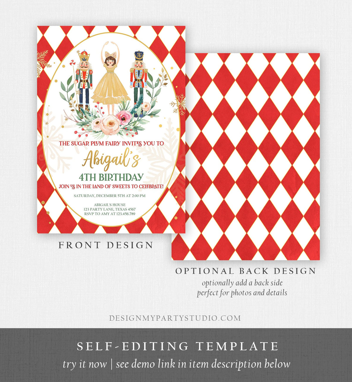 Editable Nutcracker Birthday Invitation Sugar Plum Fairy Holiday Party Christmas Ballet Nutcracker Download Printable Template Corjl 0352