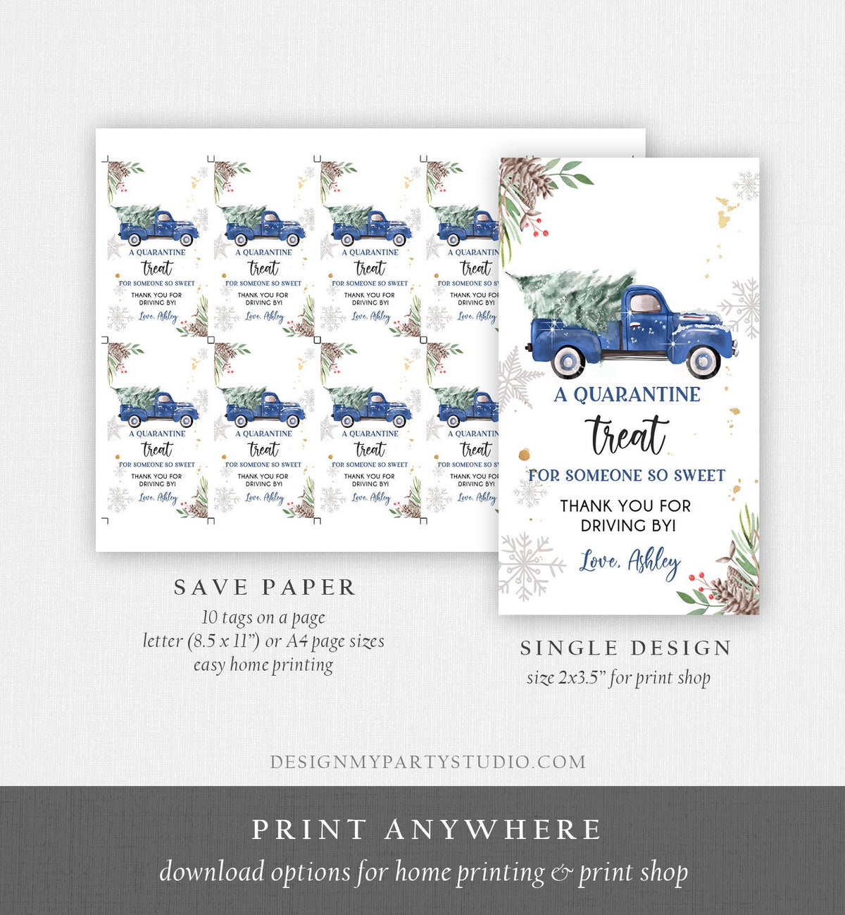 Editable Drive By Favor Tag Drive Through Baby Shower Bridal Birthday Thank You Gift Quarantine Blue Boy Truck Winter Christmas Corjl 0356