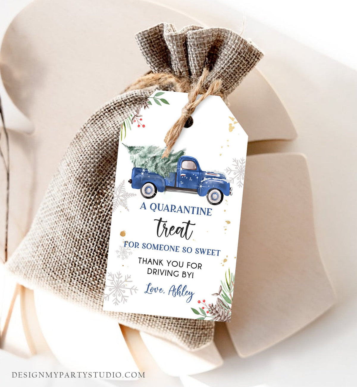 Editable Drive By Favor Tag Drive Through Baby Shower Bridal Birthday Thank You Gift Quarantine Blue Boy Truck Winter Christmas Corjl 0356