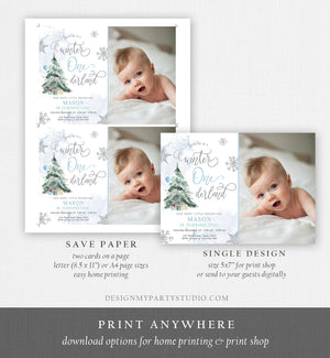 Editable Winter ONEderland Birthday Invitation First Birthday 1st Boy Blue Grey Snow Watercolor Tree Christmas Snowflake Corjl Template 0363