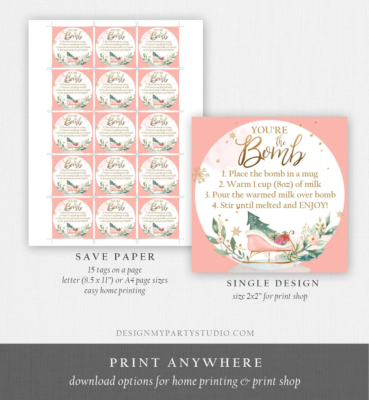 Editable Hot Chocolate Bomb Tags Bomb Instructions Sleigh Cocoa Favor Tags Winter Christmas You&#39;re The Bomb Pink Gold Digital PRINTABLE 0353