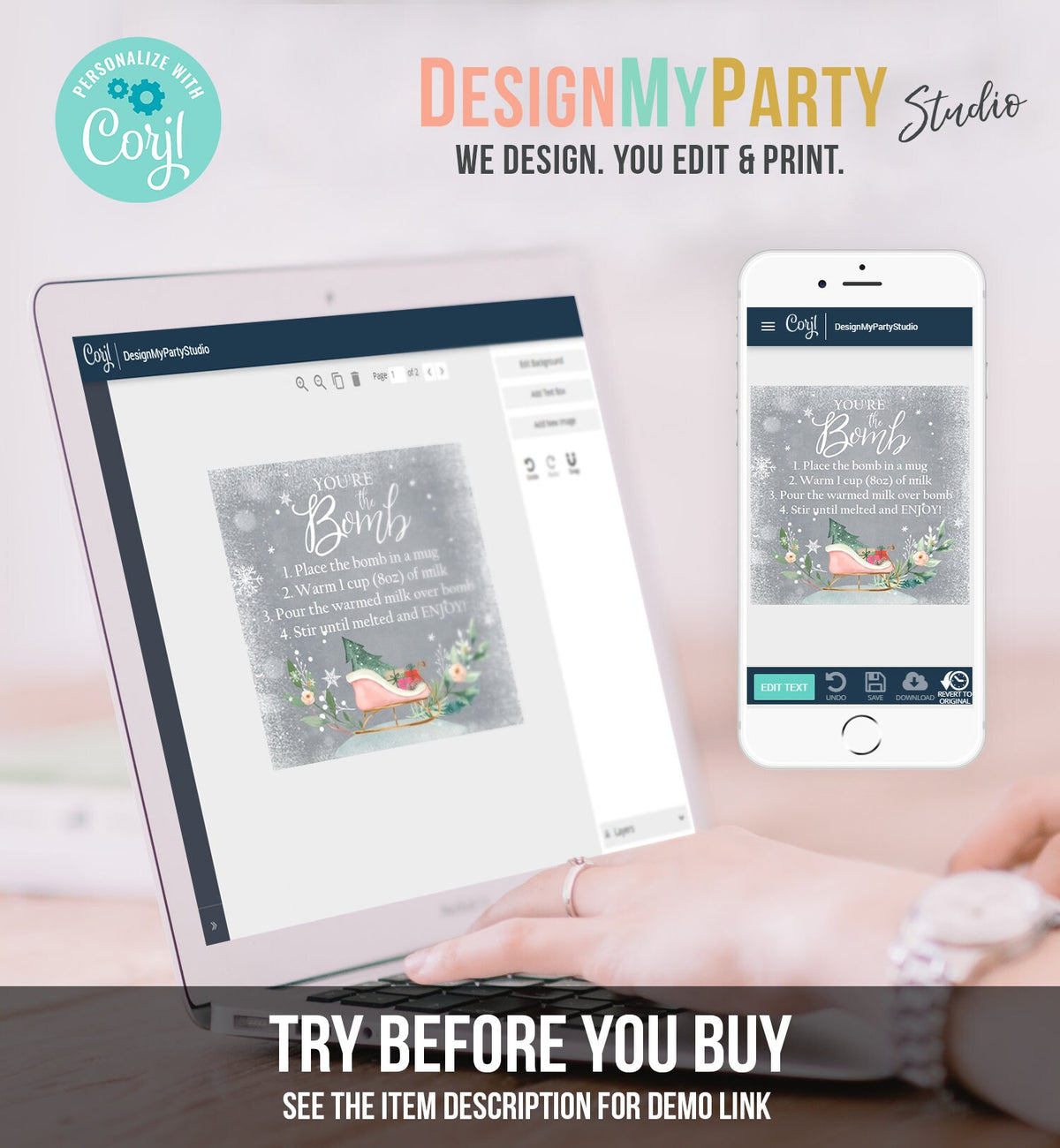 Editable Hot Chocolate Bomb Tags Bomb Instructions Sleigh Cocoa Favor Tags Winter Christmas You&#39;re The Bomb Pink Gold Digital PRINTABLE 0353