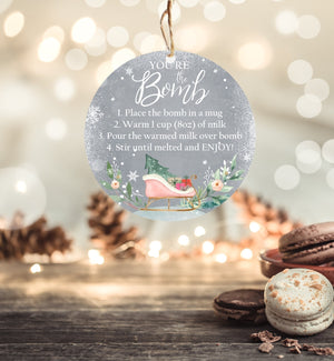 Editable Hot Chocolate Bomb Tags Bomb Instructions Sleigh Cocoa Favor Tags Winter Christmas You're The Bomb Pink Gold Digital PRINTABLE 0353