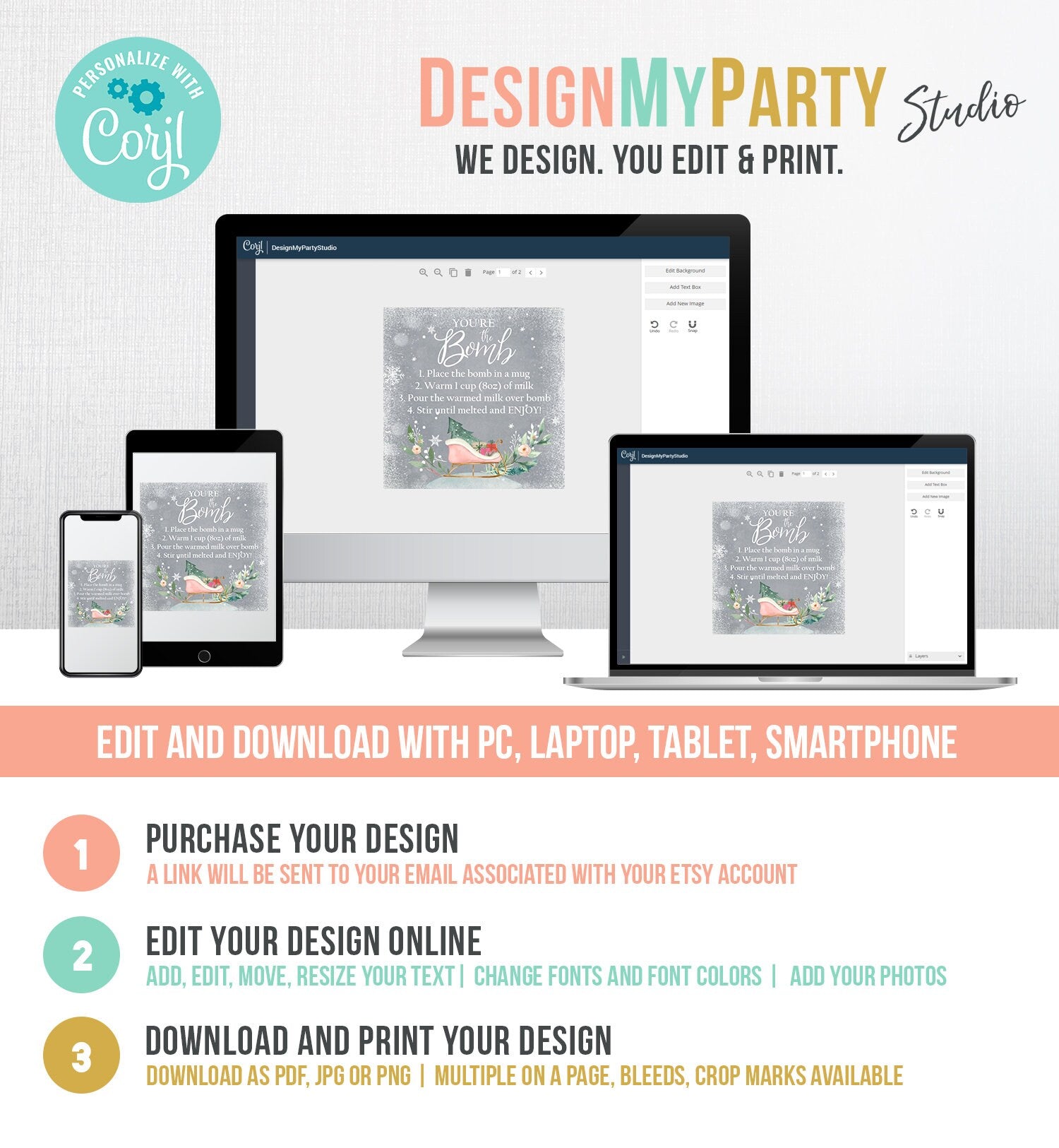 Editable Hot Chocolate Bomb Tags Bomb Instructions Sleigh Cocoa Favor Tags Winter Christmas You're The Bomb Pink Gold Digital PRINTABLE 0353