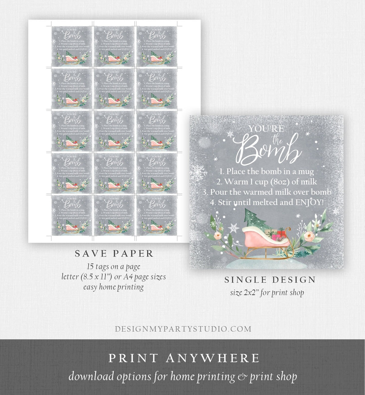 Editable Hot Chocolate Bomb Tags Bomb Instructions Sleigh Cocoa Favor Tags Winter Christmas You&#39;re The Bomb Pink Gold Digital PRINTABLE 0353