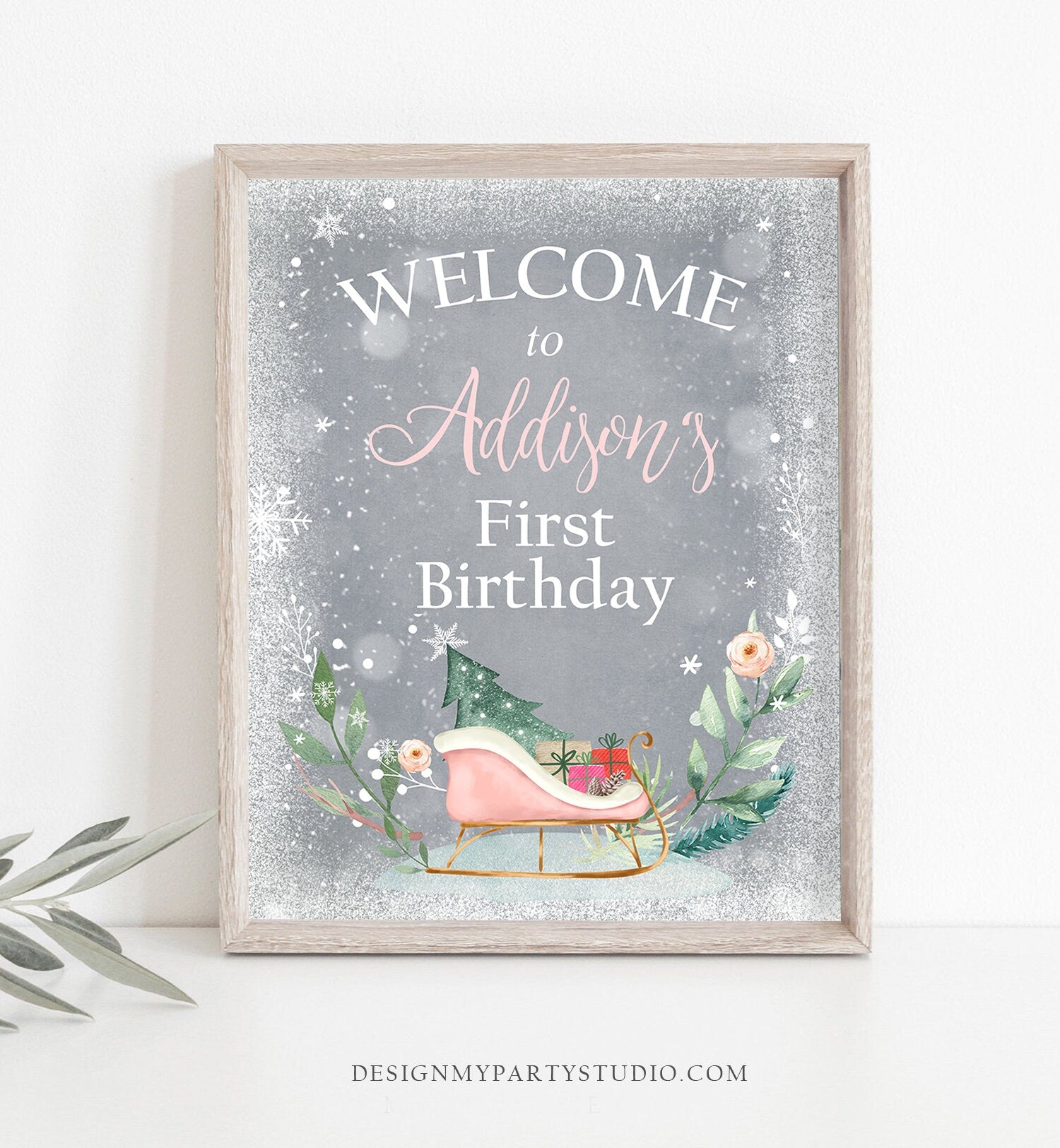 Editable Winter Birthday Welcome Sign Sleigh Oh What Fun Welcome Girl Pink Grey Baby Shower Cold Outside Sign Template PRINTABLE Corjl 0353