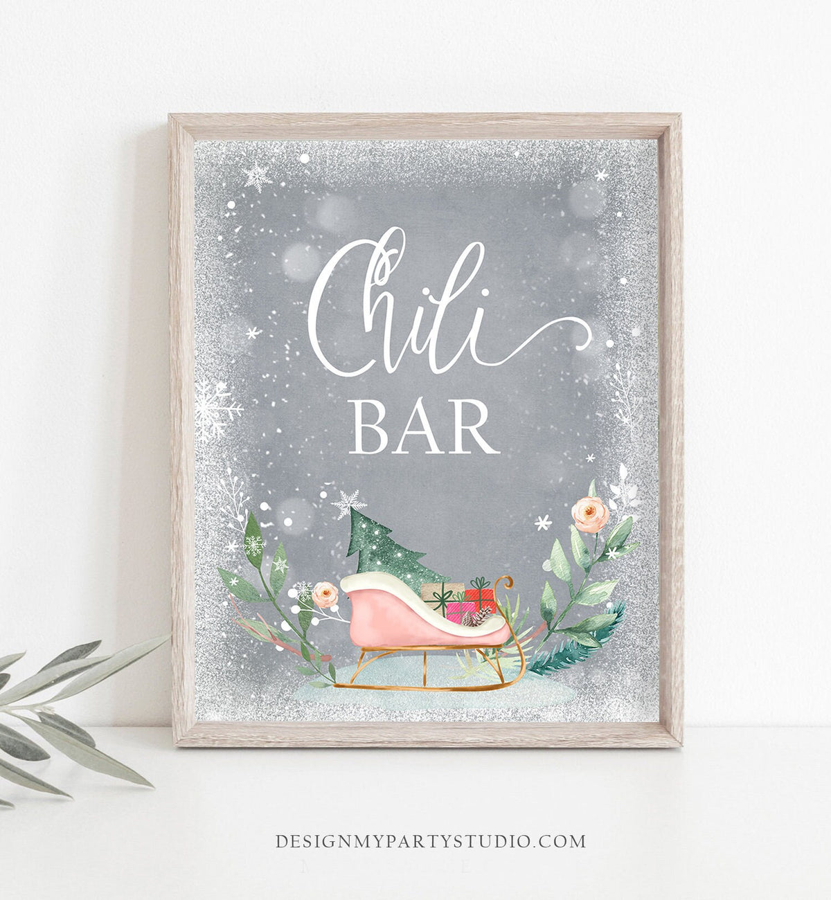 Chili Bar Sign Sleigh Winter Onederland First Birthday Party Food Table Wonderland Girl Pink Gold Table Sign Decor Digital PRINTABLE 0353