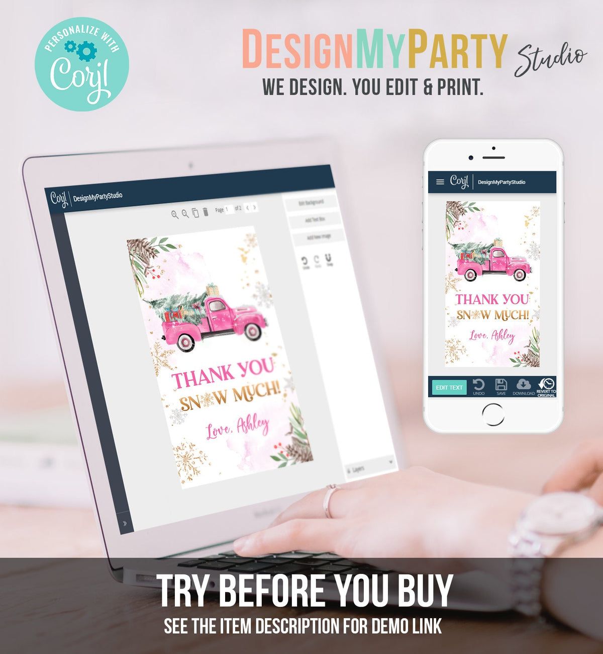 Editable Pink Truck Winter Favor Tag Holiday Christmas Thank You Snow Much Baby Shower Bridal Shower Birthday Gift Tag Corjl Printable 0356