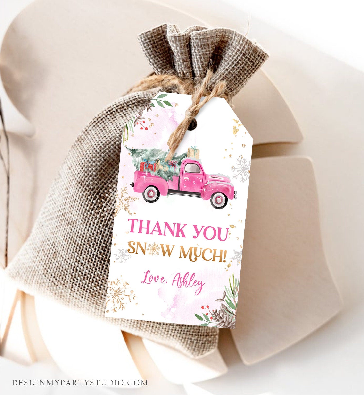 Editable Pink Truck Winter Favor Tag Holiday Christmas Thank You Snow Much Baby Shower Bridal Shower Birthday Gift Tag Corjl Printable 0356